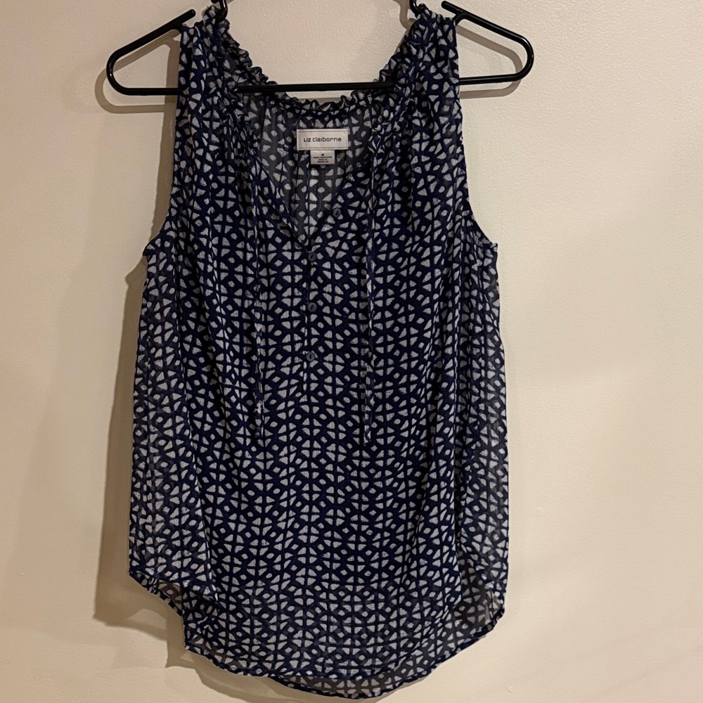 Liz Claiborne Navy and White Patterned Blouse